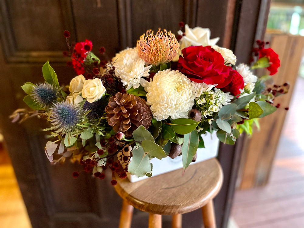 Christmas Arrangement in a Long Low Ceramic