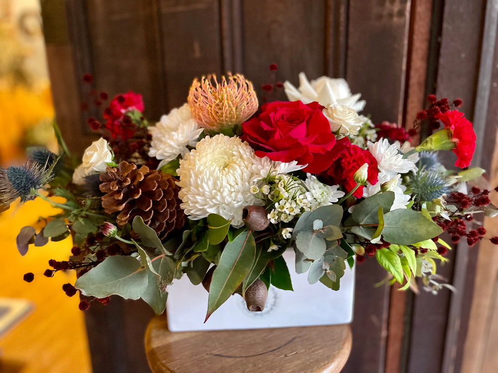 Christmas Arrangement in a Long Low Ceramic