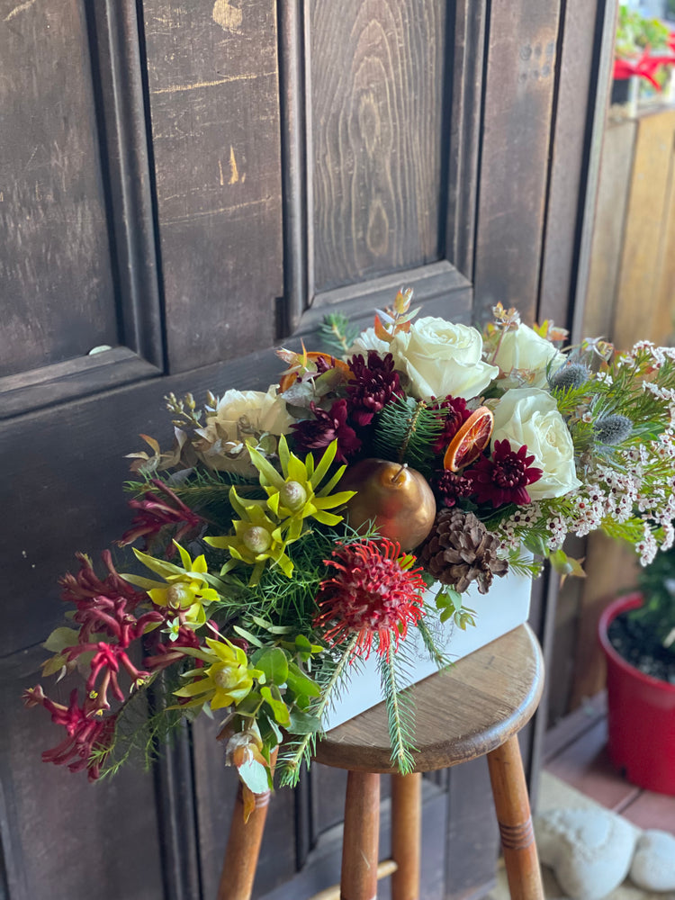 Christmas Arrangement in a Long Low Ceramic