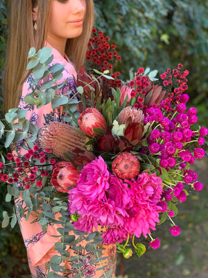 Beautiful seasonal bouquets, gift wrapped with hessian bow  The perfect gift for Mother's Day in seasonal bright tones with natives, or for that special someone just because!  Four Size Options available:  - Standard  - Classic  - Premium  - Luxe  Colour Options available:  - Bright tones including natives     Please note - Bouquets may vary from pictures due to seasonality of flowers.